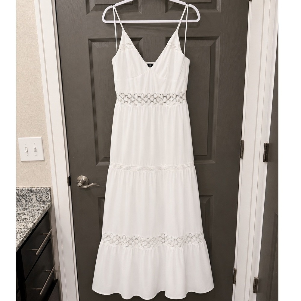 Zara White Crochet Lace Tiered Maxi Dress Women Large Boho V-Neck Smocked Back